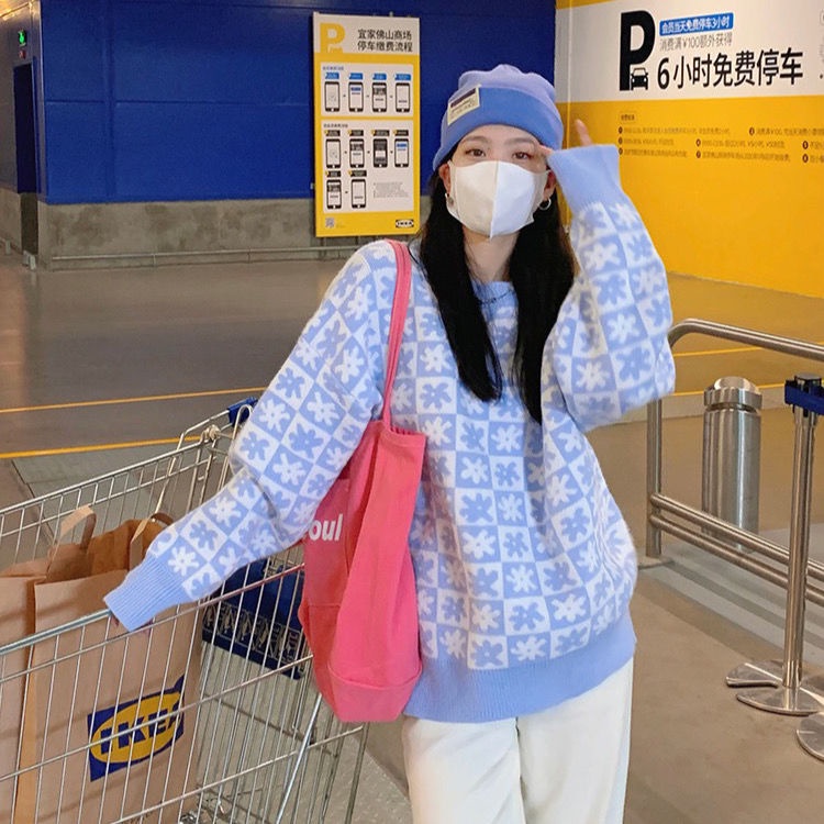 Áo Khoác Len Dáng Rộng Sọc Ca Rô Màu Xanh Dương Sữa Thời Trang Hàn Quốc 2022 Mới Cho Nữ