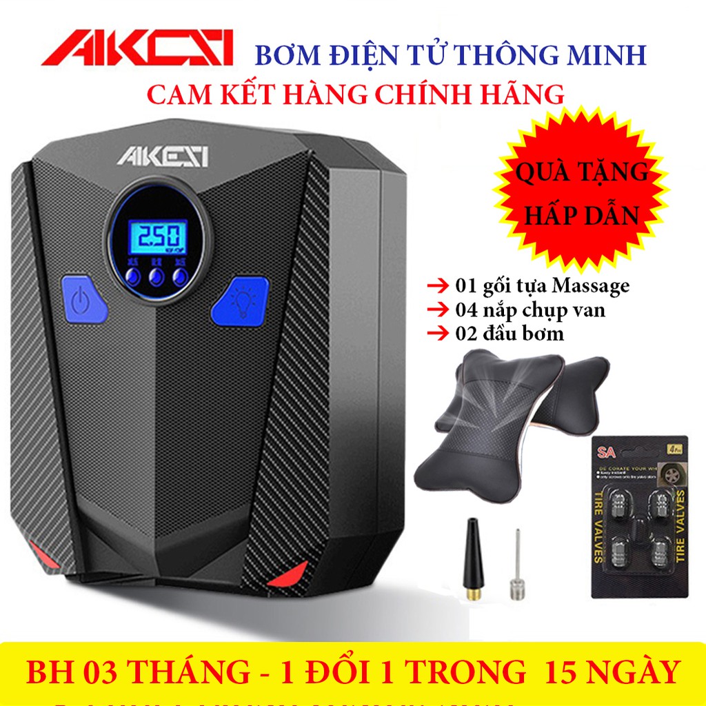 [BH 1 đổi 1] Bơm lốp ô tô, xe hơi điện tử thông minh AIKESI + Bộ phụ kiện kèm 1 gối massage cao cấp.