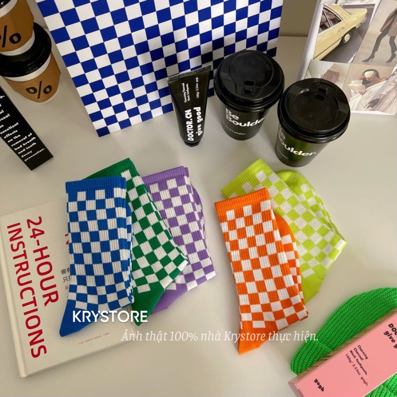 Tất cao cổ Kẻ Caro sắc màu nam nữ unisex chất đẹp TC36