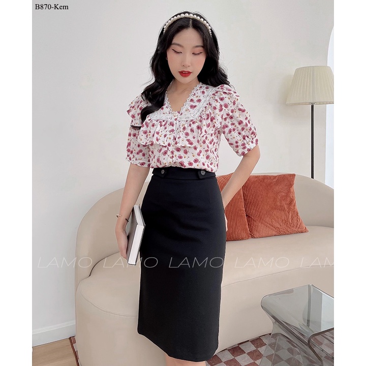Áo kiểu nữ hoa phối ren cổ LAMO -B870
