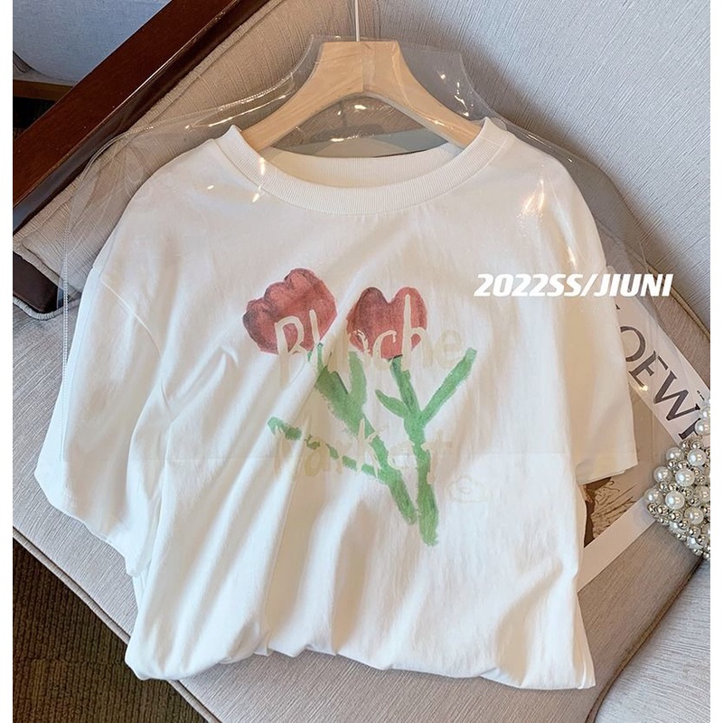 Áo Thun Ngắn Tay Cổ Tròn Form Rộng In Họa Tiết Hoa Phong Cách Retro Mùa Hè Mới Cho Nữ