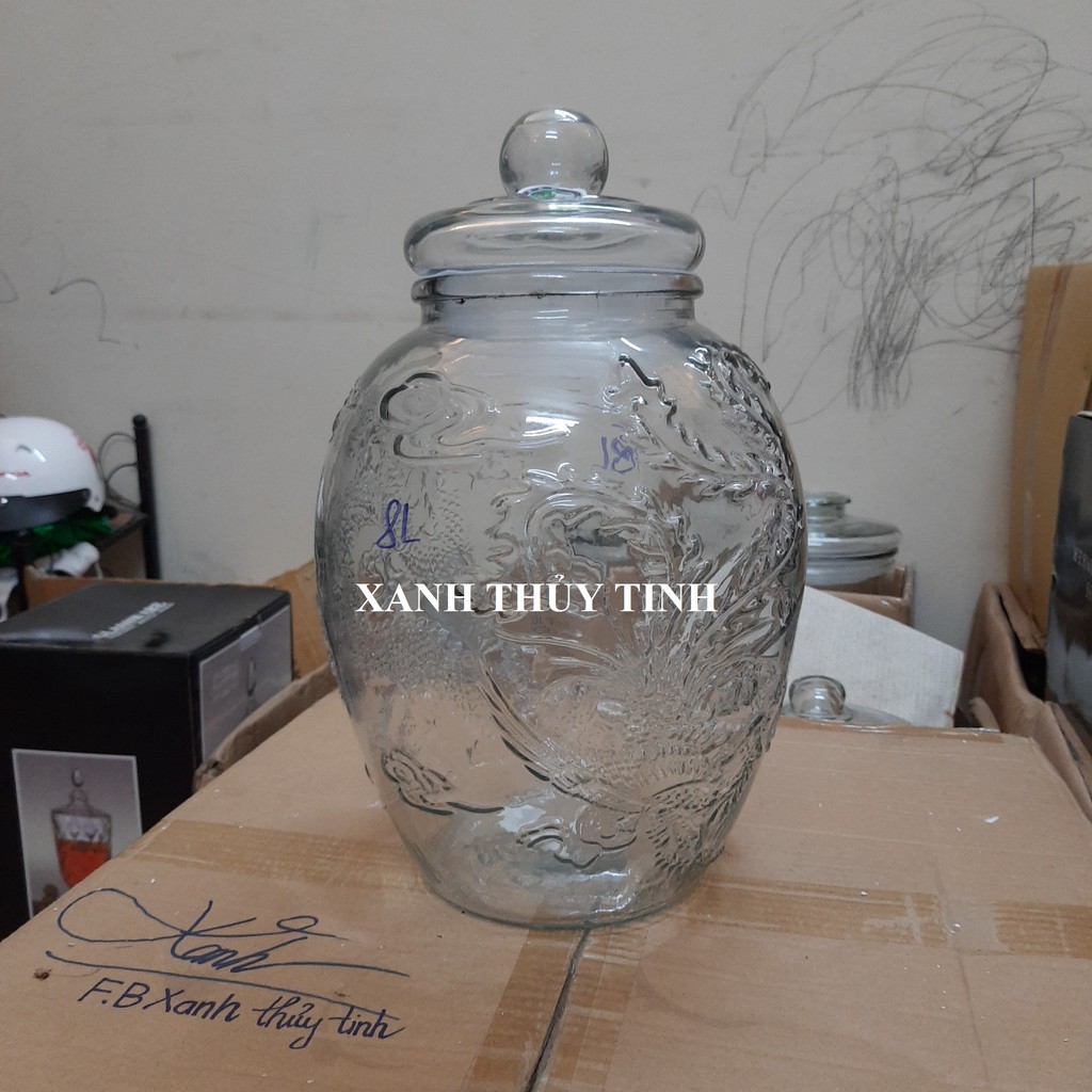Chum thủy tinh họa tiết rồng phượng dày dặn - Dung tích - 8 lít