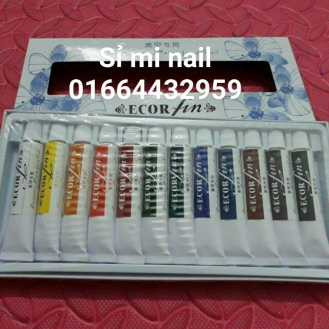 Sét bột vẽ móng 3d hiệu Eco cọ bản đẹp. Chất bột đậm đặc màu sắc tươi nét. Sét 12 tuýp 1 hộp. 1 tuýp 12ml..