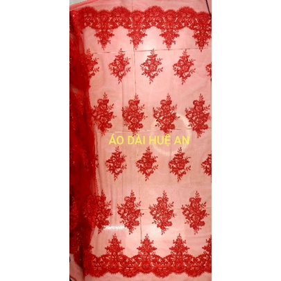 2m ren lưới đỏ thêu gân nổi, chỉ lụa kết kim sa may áo dài, váy đầm,...