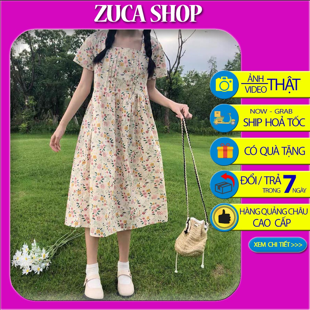 Đầm babydoll hoa nhí cổ vuông xếp li ngực ulzzang - váy hoa vintage siêu xinh Zuca Shop