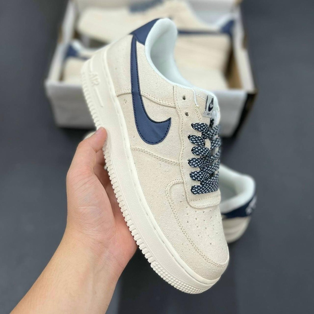 GIÀY AIR FORCE 1 CANVAS NAVY, AF1 Vải Kem Sữa Hót trend, Giầy thể thao AF1 kem vạch xanh than Full kiện