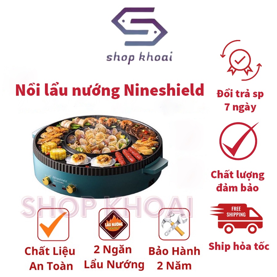 Bếp lẩu nướng đa năng - Bếp lẩu nướng không khói 2 trong 1 NINESHIELD  - Thích hợp 3 đến 5 người, 2 mâm nhiệt độc lập