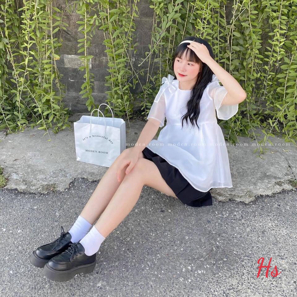 Áo baby doll cổ tròn buộc nơ  Áo dáng xoè siêu xinh luôn ạ