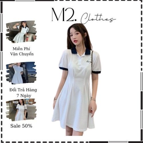 Váy thun nữ body cổ bẻ thêu chữ cosmo dáng ôm màu trắng hottrend M2.clothes