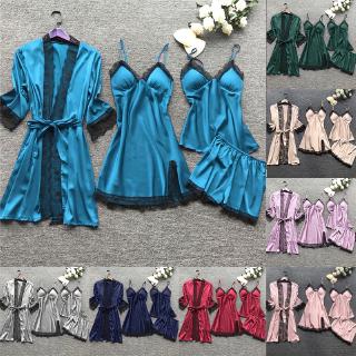 Set đồ ngủ 4 món bằng lụa satin phối ren quyến rũ dành cho nữ