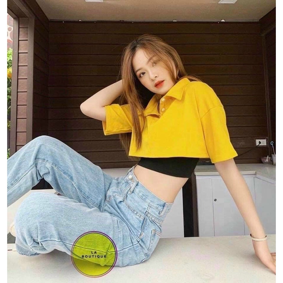 c croptop cổ bẻ vàng +áo tót đen trẻ trung TTSLA0541