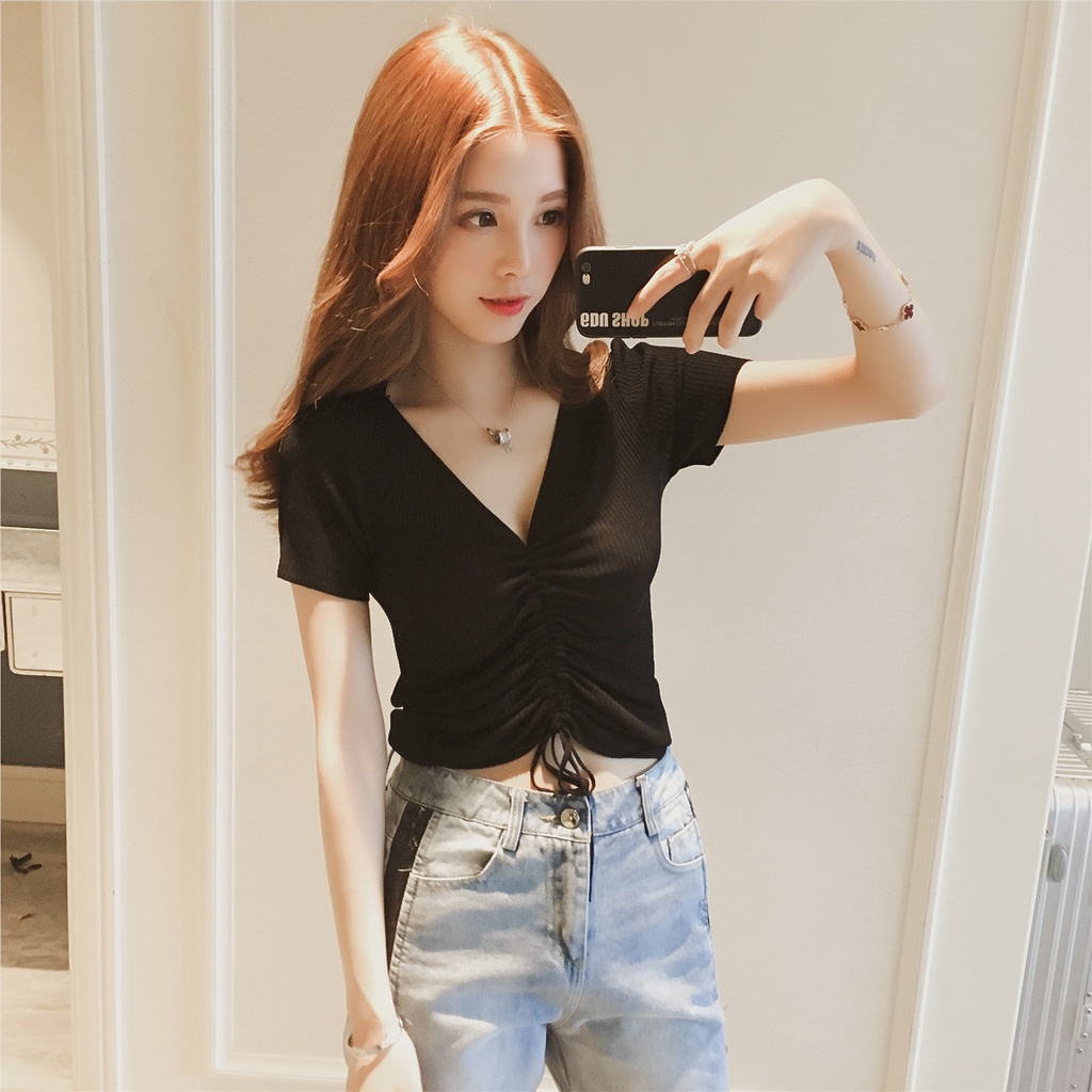 Áo thun tay ngắn cổ chữ V phối dây rút phong cách trẻ trung cho nữ ML166