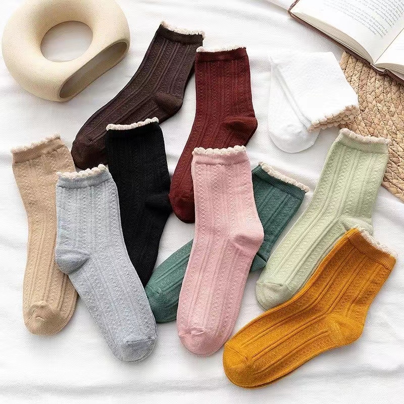 Tất cotton ống vừa phối ren màu trơn phong cách đơn giản linh hoạt cho nữ