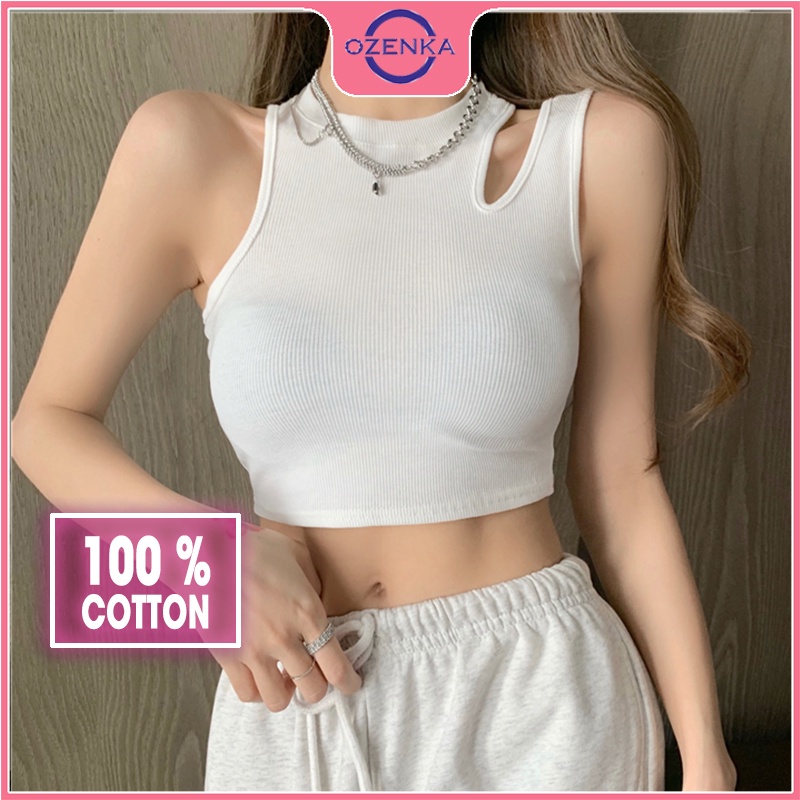 Áo croptop sát nách sẻ vai nữ ozenka , áo balo kiểu nữ không tay ôm body sang chảnh thun gân 100% cotton đen trắng đẹp