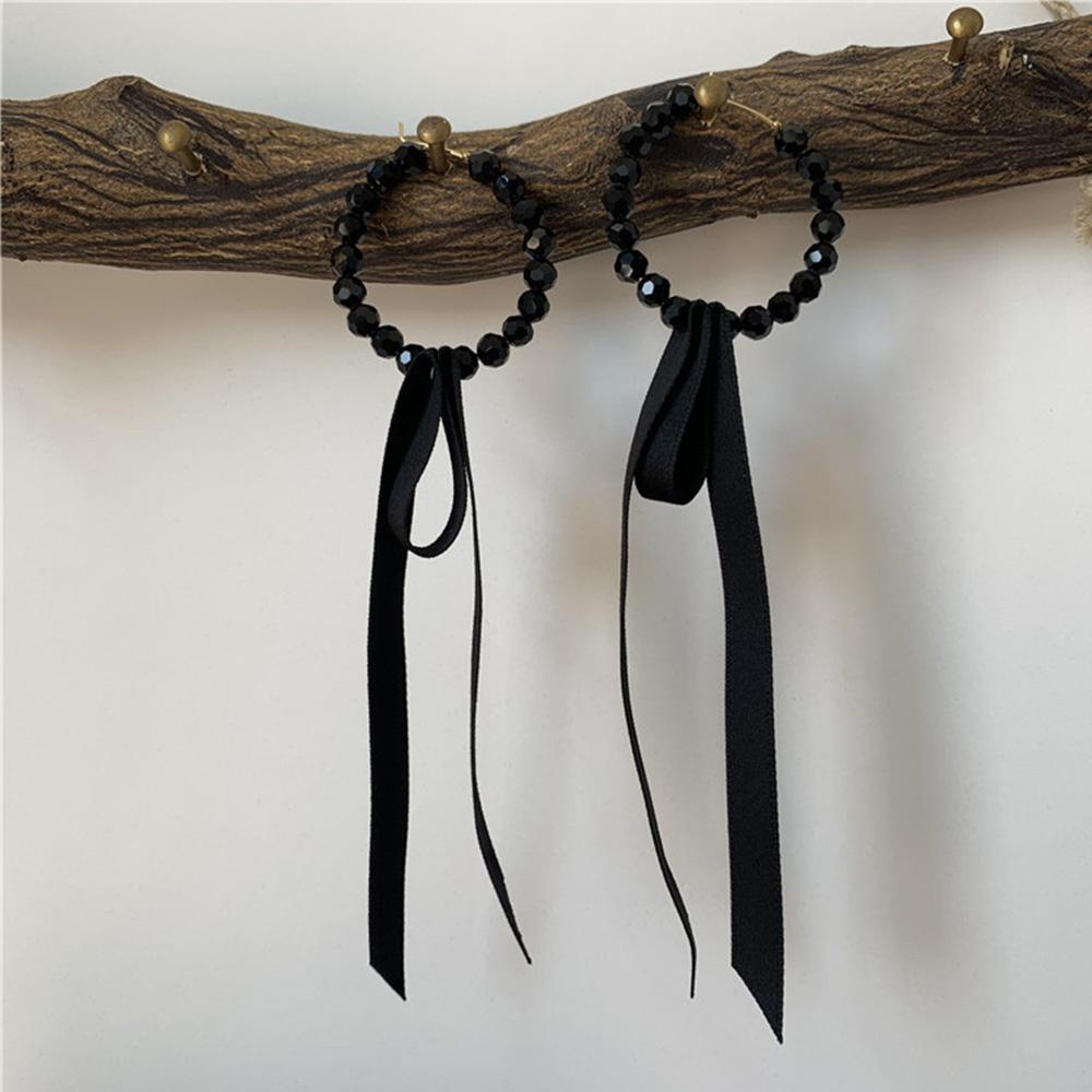 Bông Tai Dáng Dài Phối Dây Ruy Băng Đính Hạt Thời Trang Cho Nữ