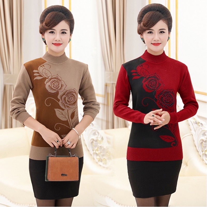 Áo len trung niên nữ, Áo ấm thu đông cổ cao, Chất Liệu len dệt kim mềm mịn phối hoa, Phong cách sang trọng thanh lịch