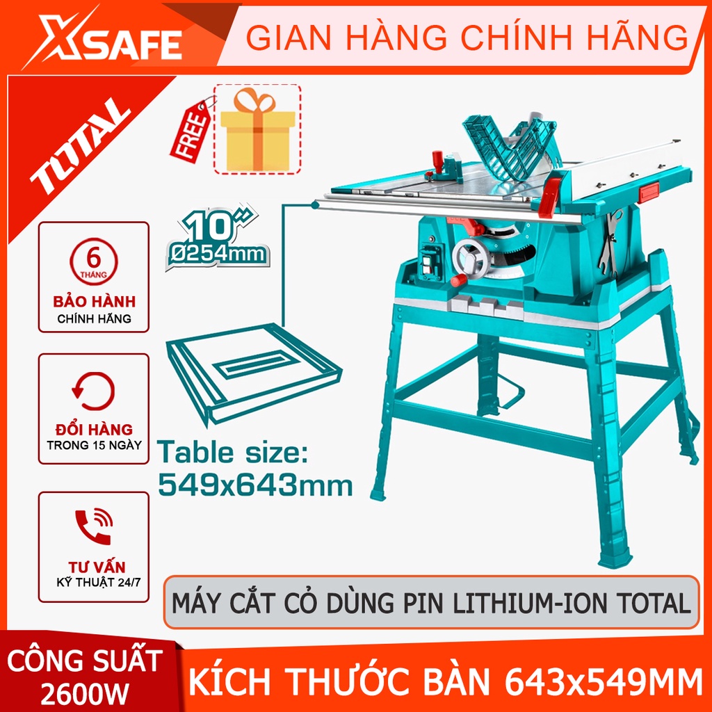 Máy cưa gỗ bàn TOTAL TS526043 2600W, kích thước bàn chính 643x549mm, lưỡi cưa 254x16mm, 4 chân đỡ thép cứng cáp - XSAFE