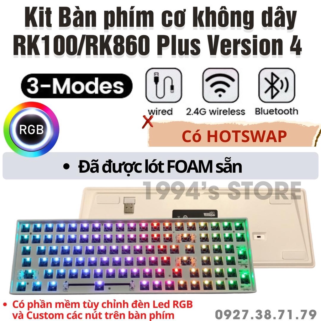 [SẴN] KIT Bàn phím cơ RK100 RK860 Led RGB - Đã LÓT FOAM - Bluetooth 5.0 | Wireless 2.4G | Dây Type C - Phần mềm Custom