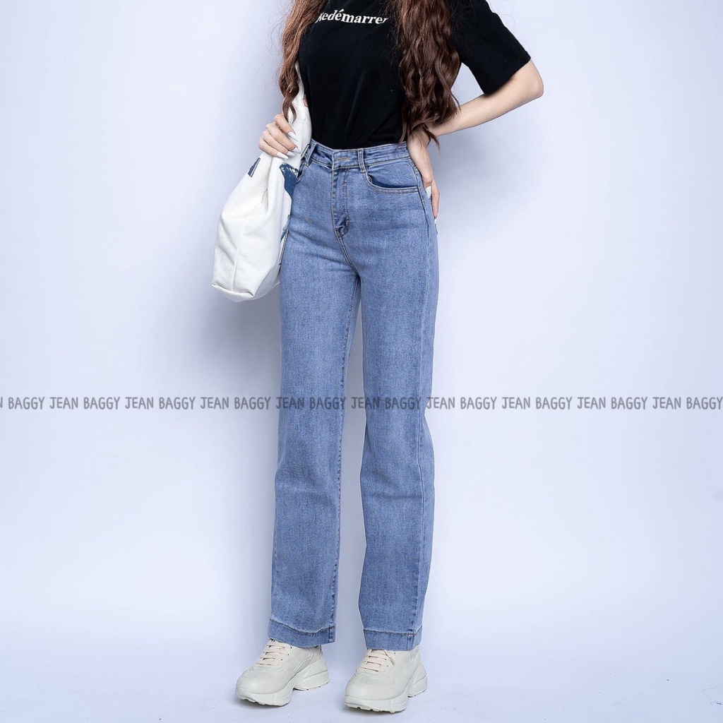 Quần Jean Nữ Ống Đứng Cạp Cao Jean Co Giãn Trơn Basic