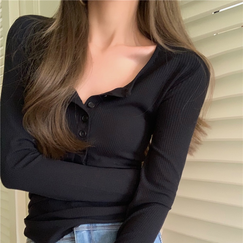 Áo kiểu SUXI dài tay cổ chữ V màu sắc đơn giản thời trang mùa thu cho nữ