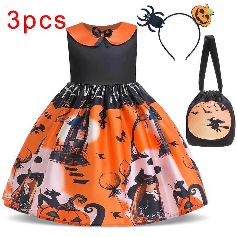 Set 3 món MQATZ Đầm công chúa Halloween có túi đựng và băng đô dành cho bé gái