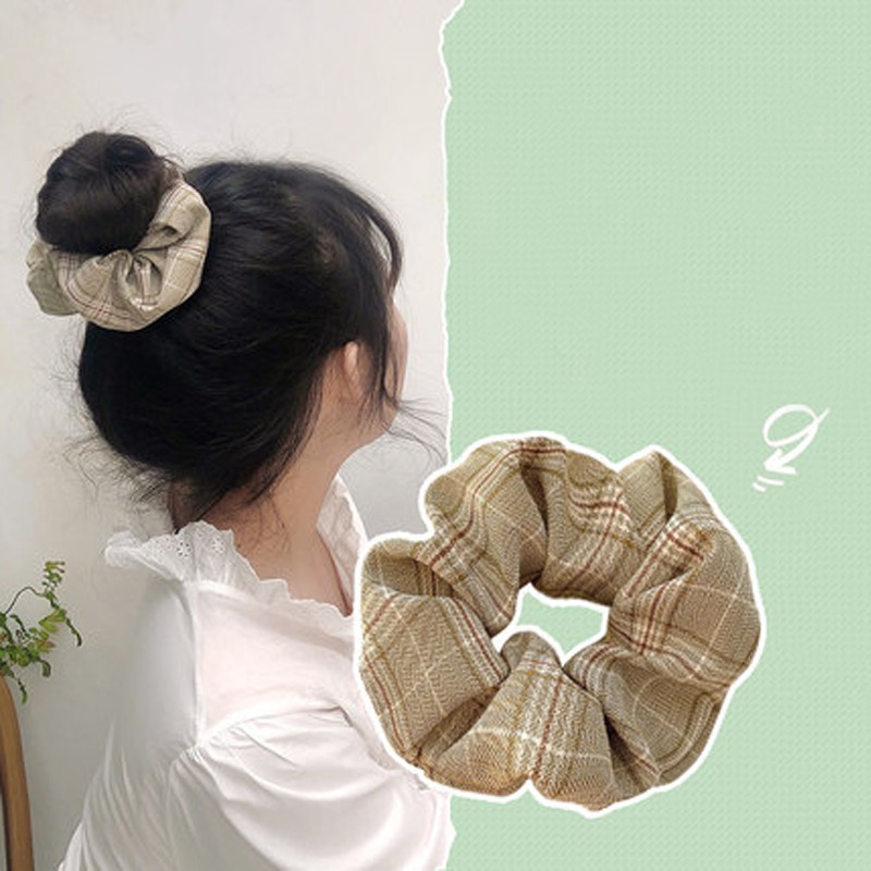 Dây buộc tóc vải bản lớn họa tiết caro phong cách Hàn Quốc ngọt ngào thời trang cho nữ