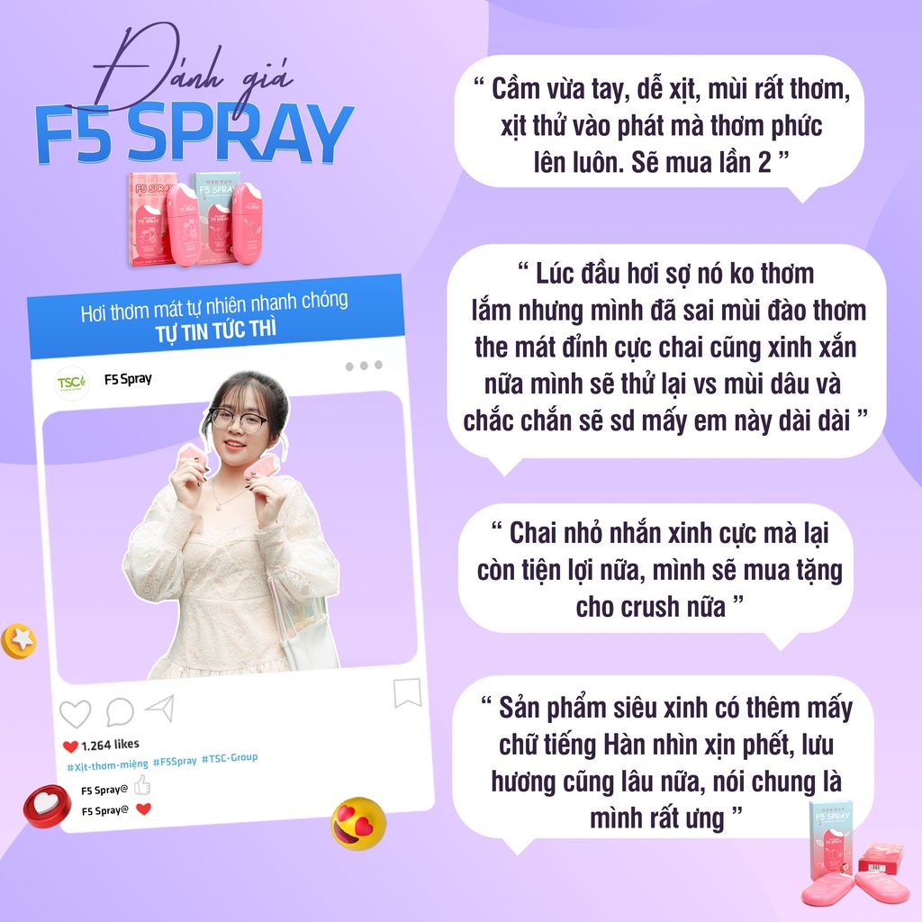 Sịt thơm miệng F5 Spray, giảm mùi hôi, ngừa sâu răng, tự tin khi giao tiếp hương vị đào, dâu, bạc hà