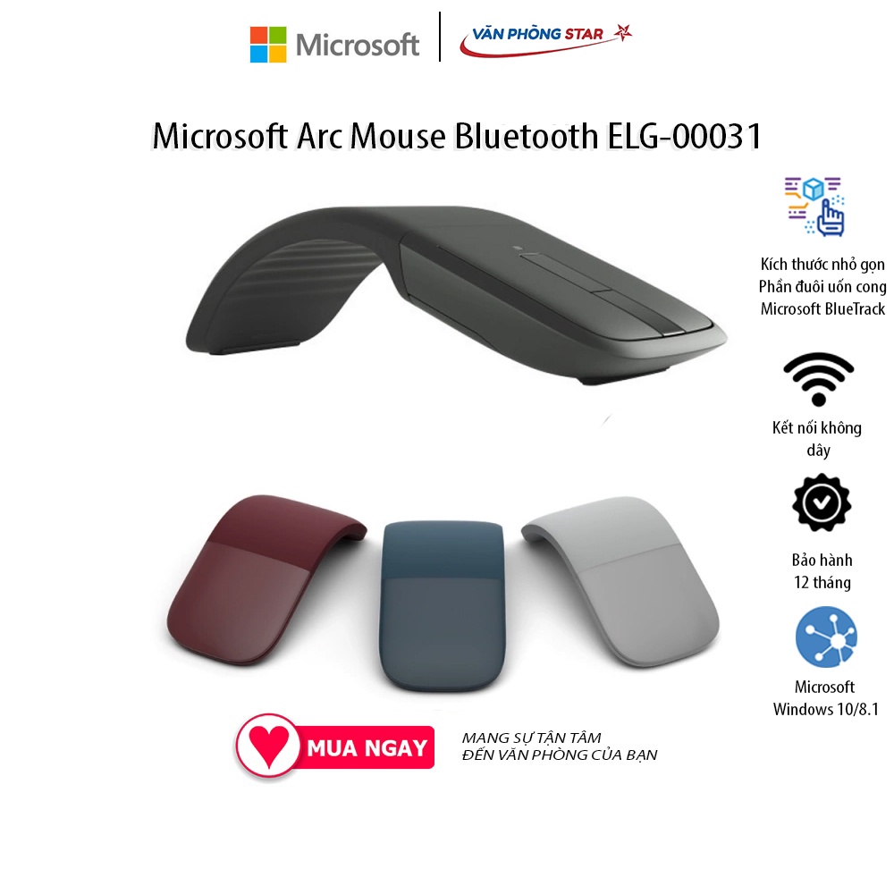 Chuột không dây Microsoft Arc Mouse Bluetooth ELG-00031 kết nối bluetooth 5.0 Công nghệ Microsoft BlueTrack™ chính hãng