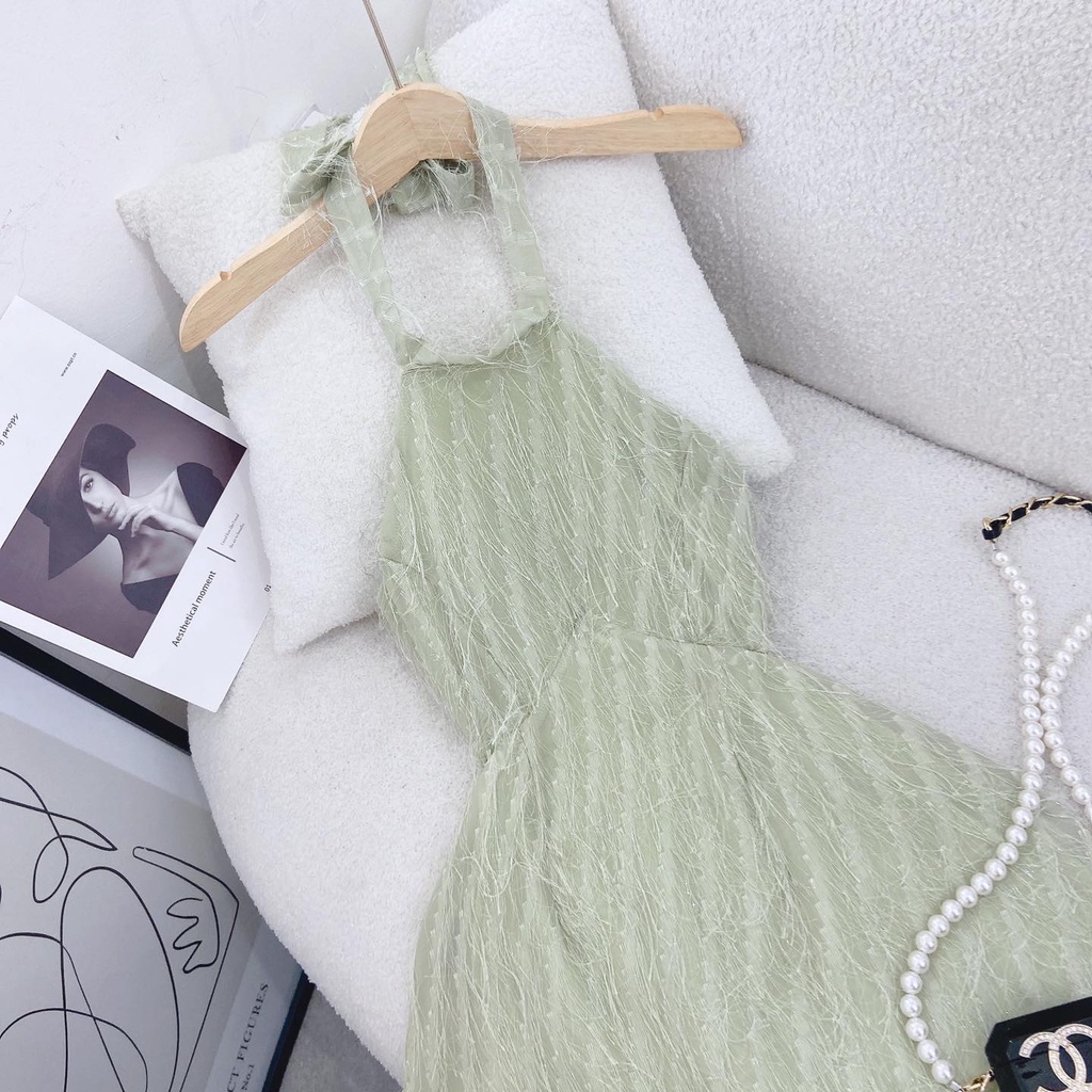 Đầm midi lông vũ tơ mềm bling bling cổ yếm chung lưng màu xanh/đen NÀNG CLOSET