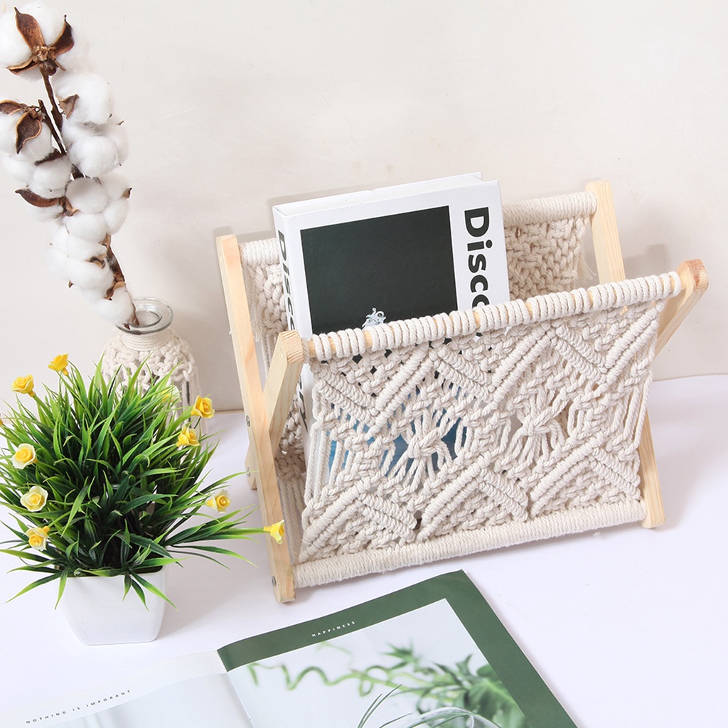 Cadiz* Storage Rack Nice-looking Elegant Decorative Foldable Wooden Cotton Rope Book Shelf Rack for Household