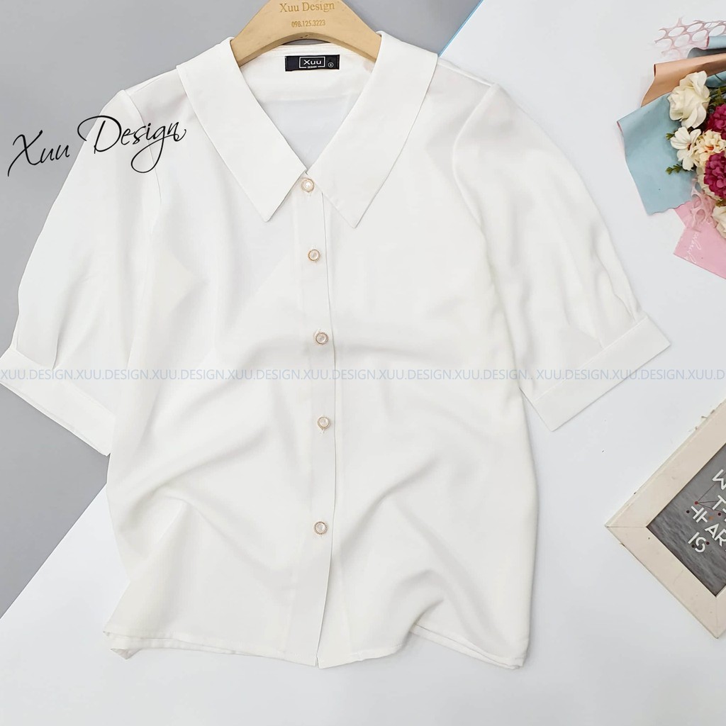 Áo sơ mi nữ trắng công sở Xuu, chất vải cát hàn tay lửng cổ sen - SP09