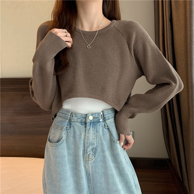 Xiaozhainv Áo Croptop Dệt Kim Tay Dài Thời Trang Mùa Thu Phong Cách Hàn Quốc Nhiều Màu Tùy Chọn Cho Nữ