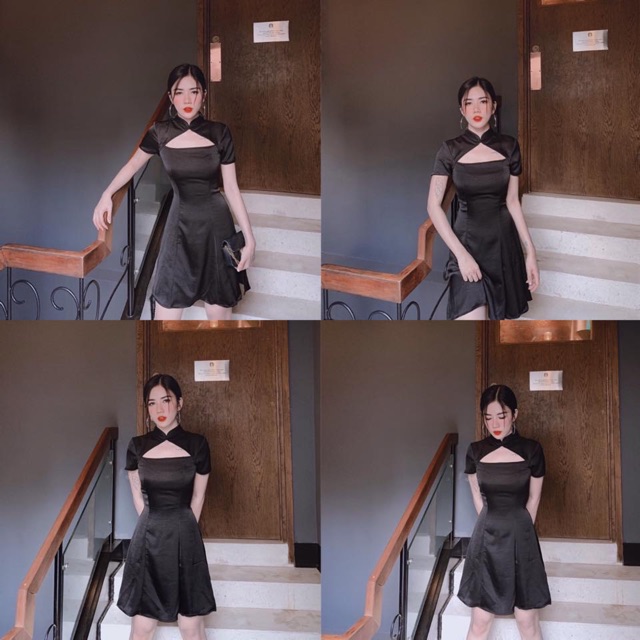 Đầm Trung hoa Haley Dress chất liệu vải phi nhung from chuẩn sau lưng bo chun co giãn thiết kế phần ngực, cổ váy đẹp lạ