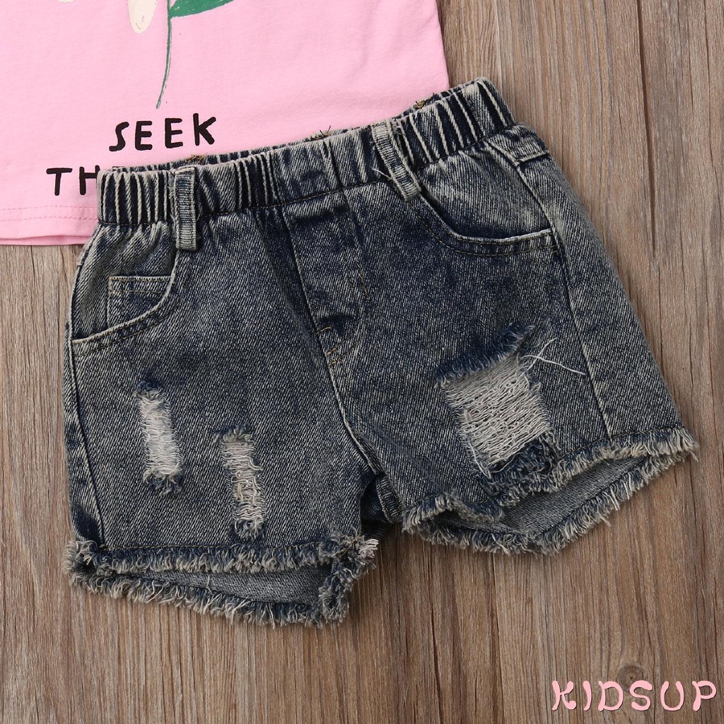 Bộ Áo Thun In Hoa 3d + Quần Short Denim Cho Bé Gái