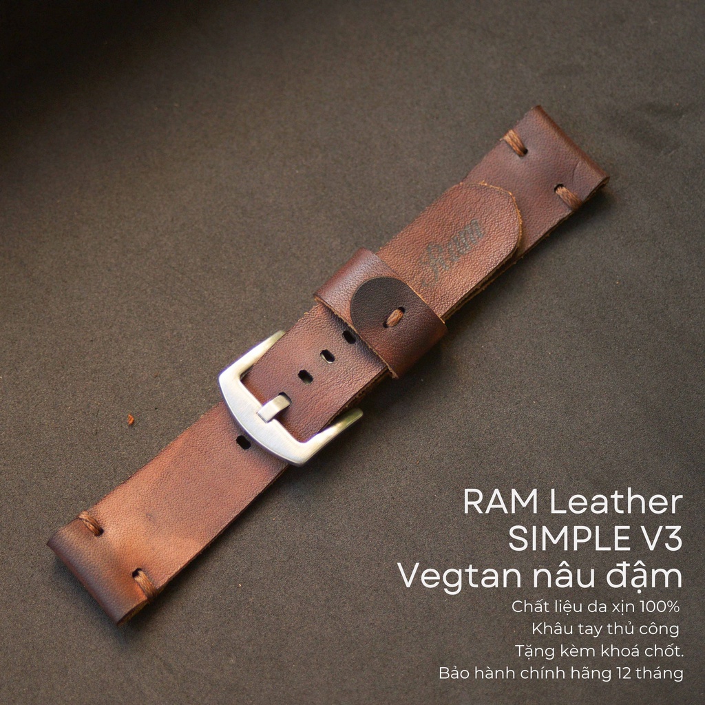 Dây đồng hồ da bò màu nâu đậm - RAM Leather V3 Vegtan Bền Đẹp