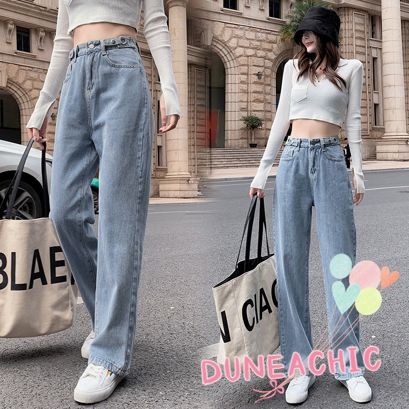 DUNEA Quần Jean Dài Lưng Cao Ống Rộng Thời Trang Cá Tính Cho Nữ
