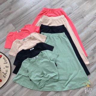 Set áo xoắn eo + chân váy midi