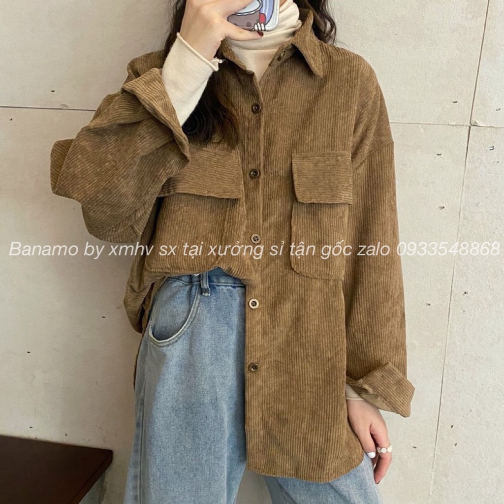 Áo sơ mi áo khoác nhung tăm dáng rộng màu hồng kem đen nâu phong cách ulzzang thời trang Banamo Fashion 351