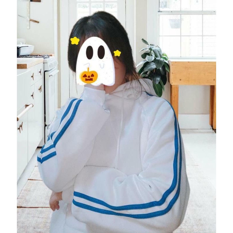 [Hàng order] Áo nỉ hoodie trắng kem sọc xanh xinh xinh (ảnh thật) | BigBuy360 - bigbuy360.vn