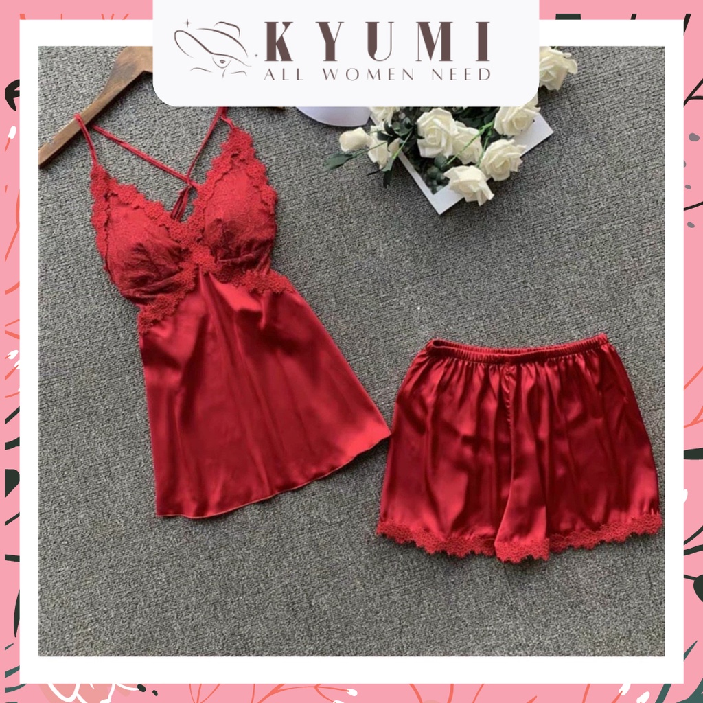 Đồ ngủ sexy đồ ngủ 2 dây chéo lưng phối ren KYUMI OFFICIAL, chất liệu lụa satin, freesize 40-60kg tùy chiều cao 009 | BigBuy360 - bigbuy360.vn