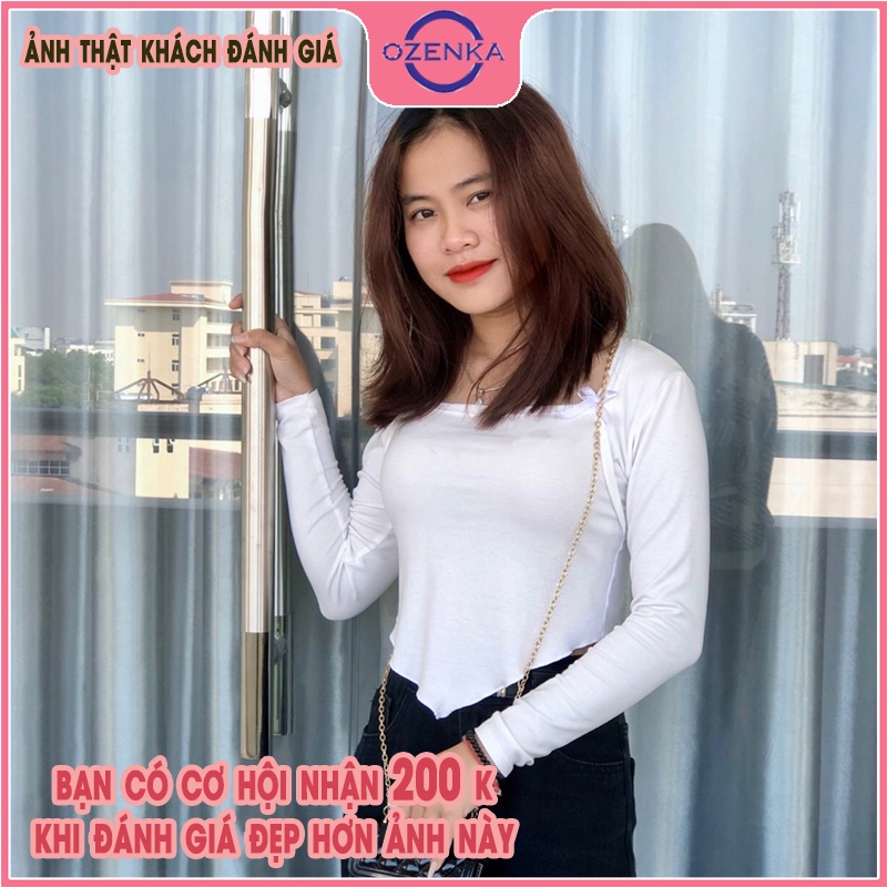 Áo croptop tay dài cổ vuông vạt yếm OZENKA , crt ôm nữ đen trắng thun gân 100% cotton free size dưới 52 kg