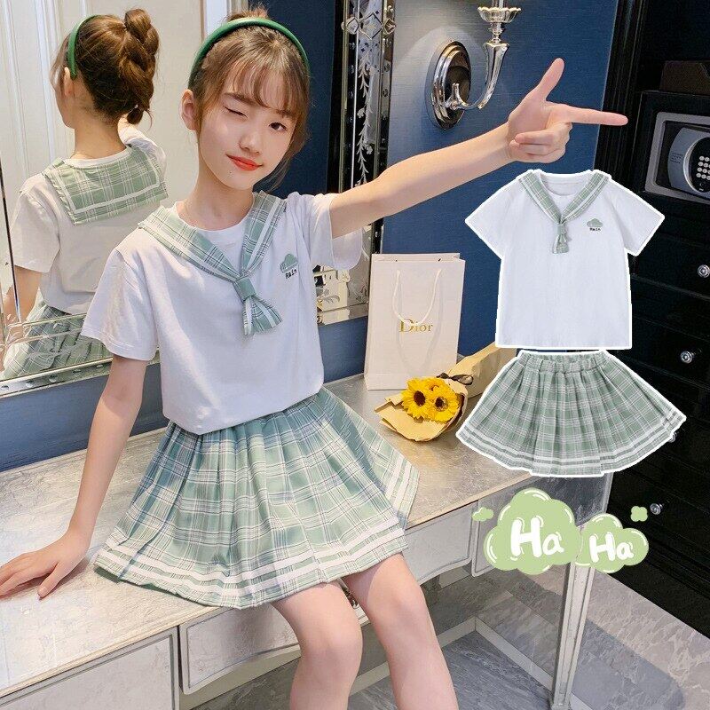 Set Áo Thun Cotton + Chân Váy Caro Xếp Li Cho Bé Gái 2-7 Tuổi