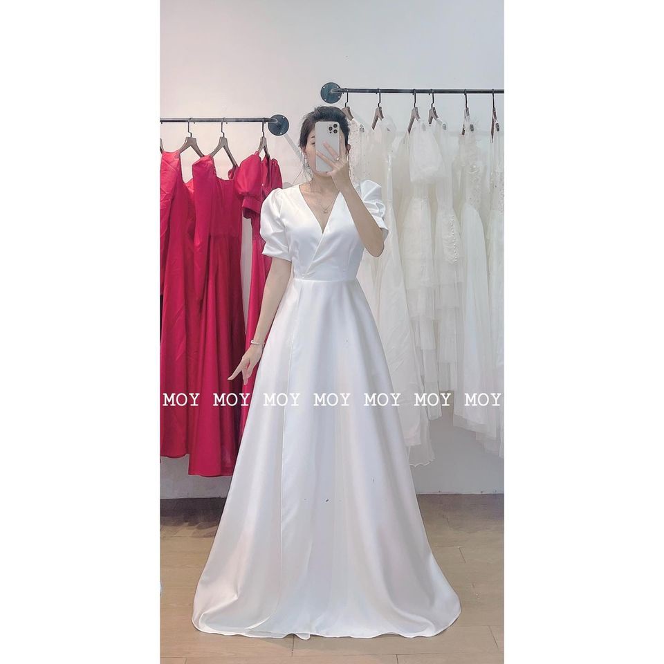 Váy dài phi xẻ cổ V đắp - Váy thiết kế cao cấp