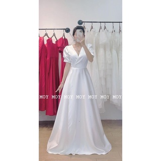 Váy dài phi xẻ cổ V đắp - Váy thiết kế cao cấp