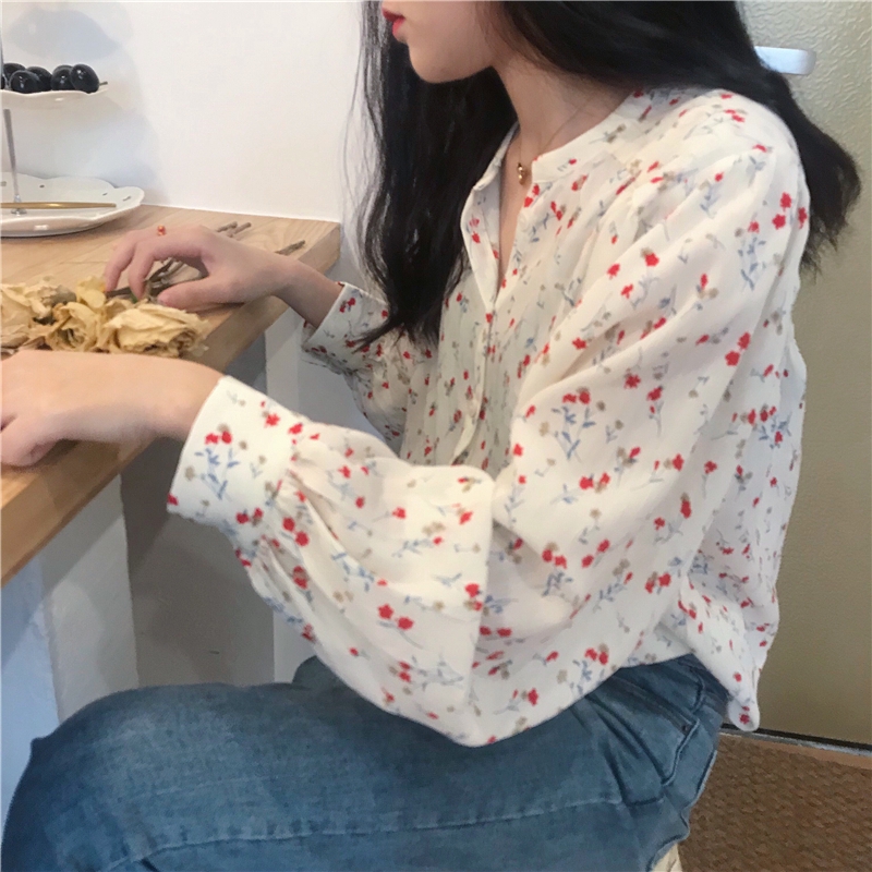 Women  Chiffon Long Sleeve Shirt Small Floral Retro Fresh Gentle Top | BigBuy360 - bigbuy360.vn