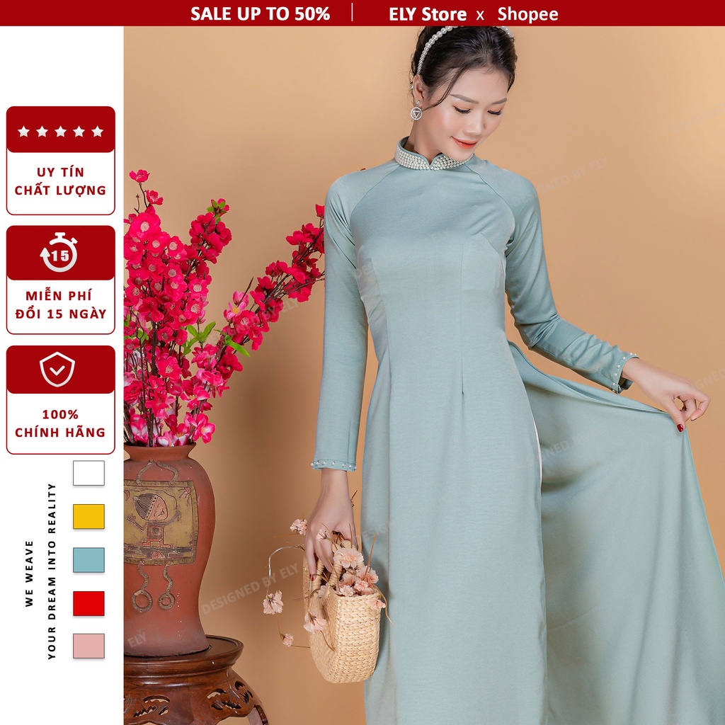 Áo dài truyền thống cổ đính kết cách điệu đẹp ELY lụa cao cấp đổi trả 15 ngày