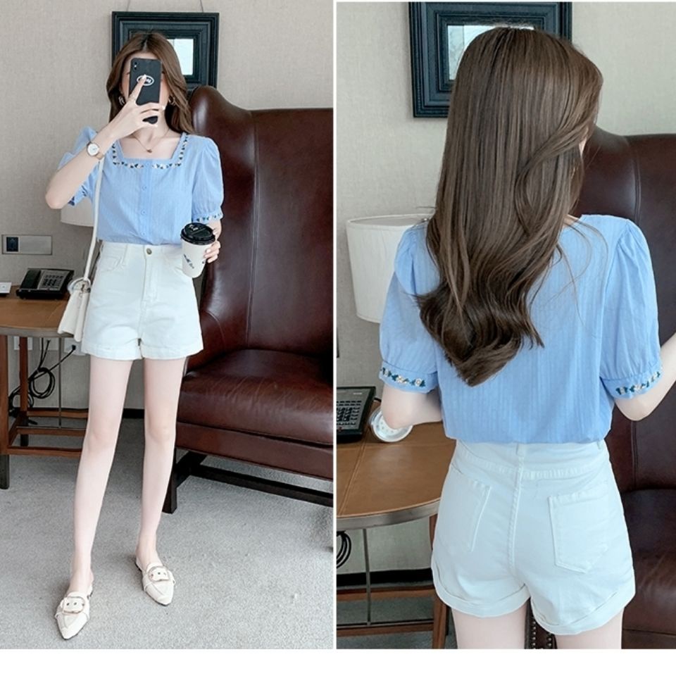 Áo sơ mi cổ vuông dáng rộng thêu họa tiết thời trang phong cách Hàn Quốc cho nữ