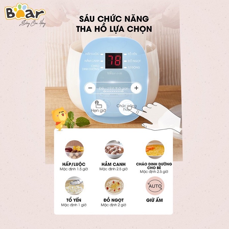 (CHÍNH HÃNG BH 18 THÁNG) Nồi Nấu Cháo Chậm Đa Năng Bear, Nồi Hầm, Hấp, Ninh Cách Thủy, Dung tích 0,8L