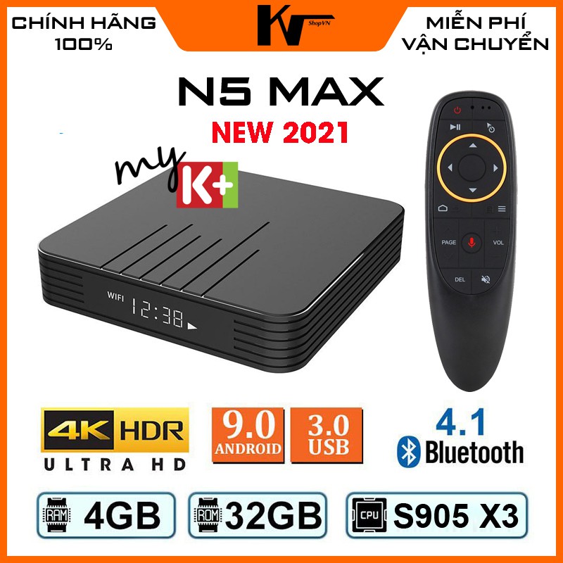 Android TV Box N5 Max, chip S905X3, Ram 4GB, Bộ nhớ 32GB, Bluetooth, Xem 200 kênh truyền hình miễn phí