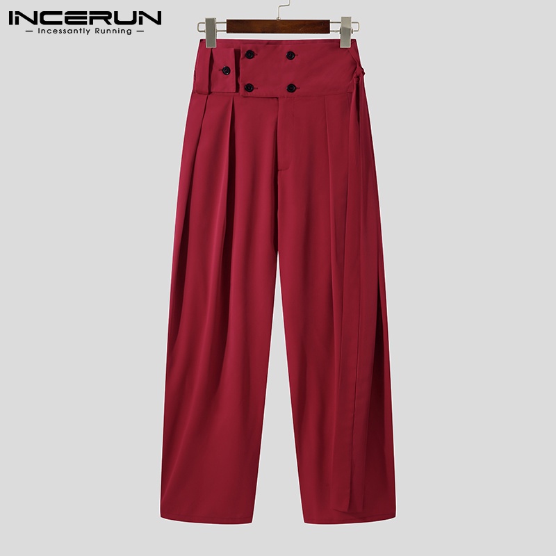 Quần dài INCERUN màu trơn lưng cao phối nút có thắt lưng dành cho nam